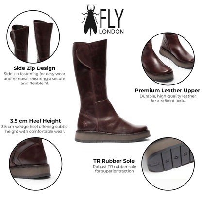 Fly London Womens Wine Leather High Pull On Long Boots - RHEA042
