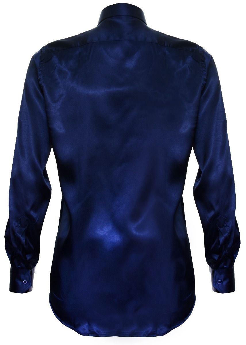 Mens Blue Satin Silk Shirt Smart Casual Button Down Cuff Tailored Fit - Upperclass Fashions 