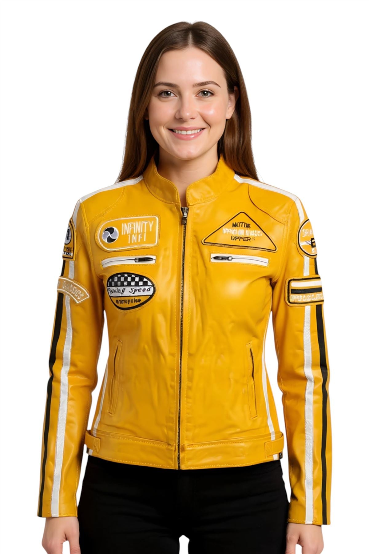 Womens Biker Racing Badges Leather Jacket-Eastleigh