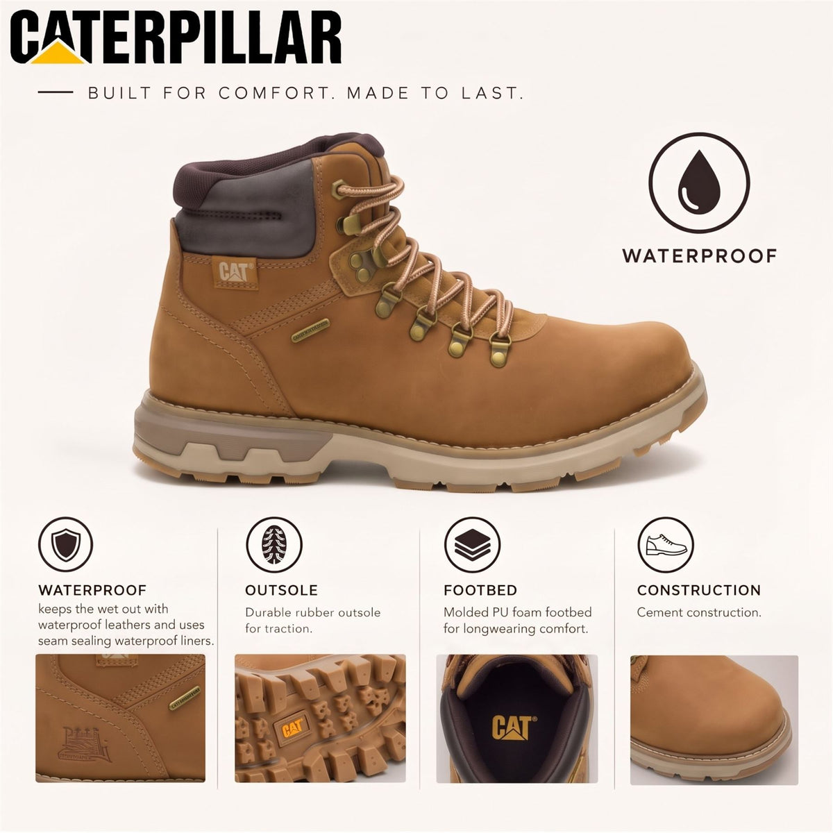Caterpillar (CAT) Mens Bronze Brown Leather Waterproof Lace Up Boots - Pursue Hiker