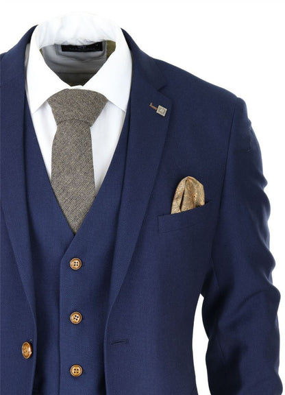 Mens 3 Piece Navy Blue Birdseye Classic Suit - Upperclass Fashions 