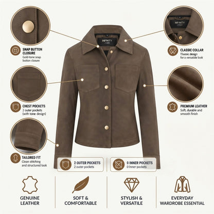 Womens Leather Shacket Collar Jacket - Lofar