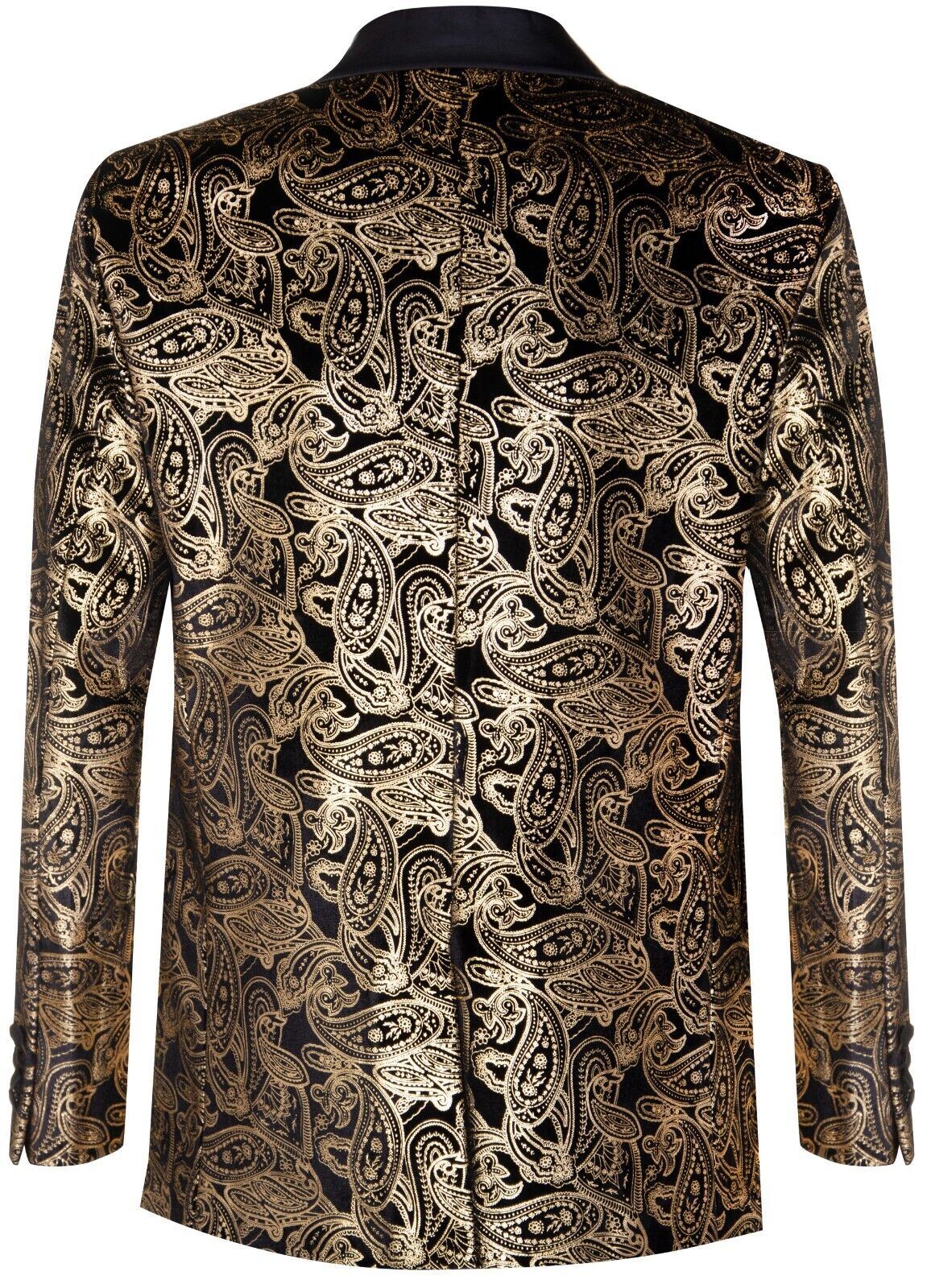 Mens Classic Gold Paisley Black Velvet Tuxedo Dinner Jacket Tailored Fit Blazer