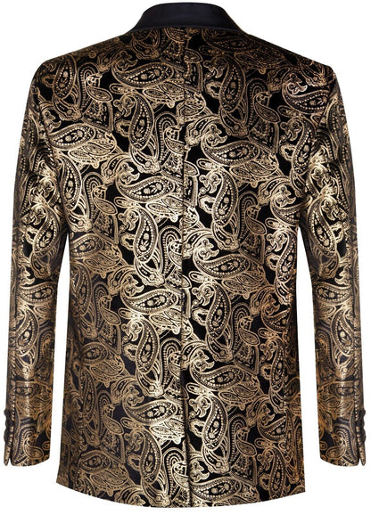 Mens Classic Gold Paisley Black Velvet Tuxedo Dinner Jacket Tailored Fit Blazer