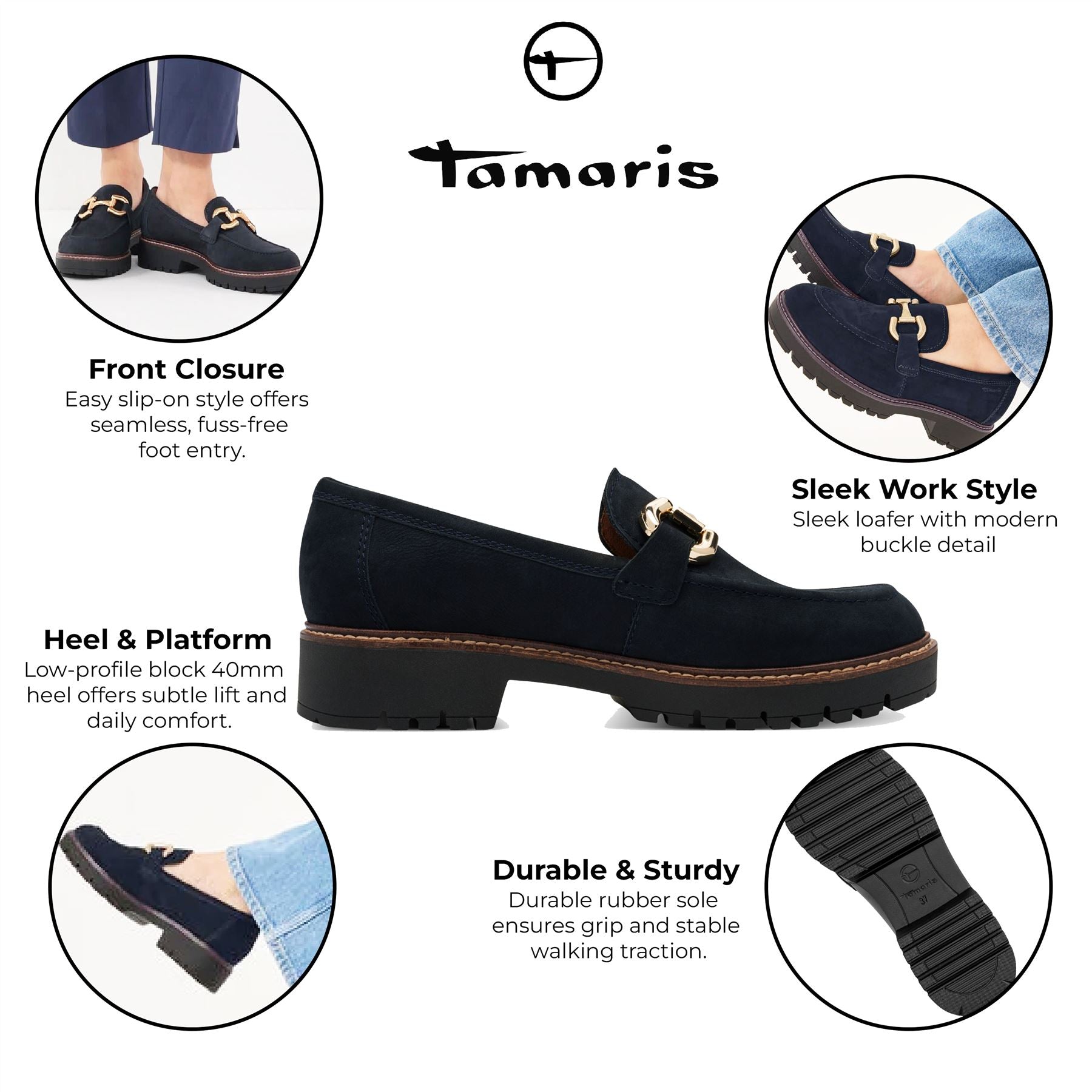 Tamaris Womens Navy Blue Leather Loafers Slip-On Platform Shoes