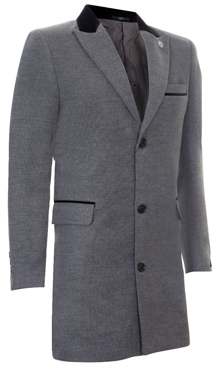 Mens 3/4 Grey Long Crombie Overcoat Jacket Herringbone Tweed Coat Peaky Blinder