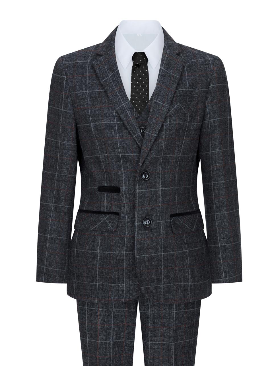 Boys 3 Piece Charcoal Grey Tweed Check Vintage Retro Suit