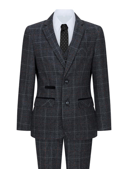 Boys 3 Piece Charcoal Grey Tweed Check Vintage Retro Suit