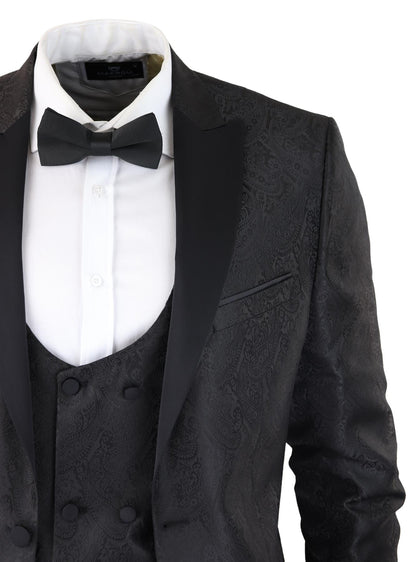 Mens Black Tuxedo Blazer Waistcoat Brocade Satin Paisley Formal Dinner Jacket - Upperclass Fashions 