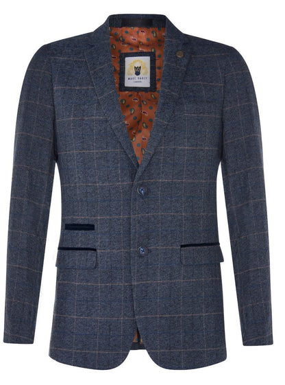 Marc Darcy Mens Tweed Blazer Scott Blue Check Herringbone Smart Formal Jacket