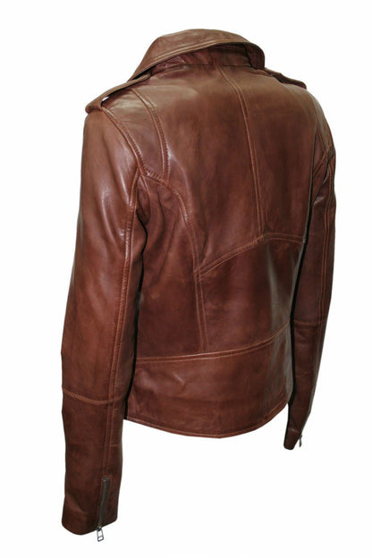 Womens Vintage Chestnut Leather Biker Jacket-Meltham