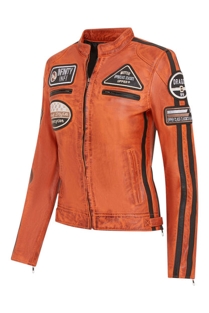 Womens Biker Racing Badges Leather Jacket-Eastleigh
