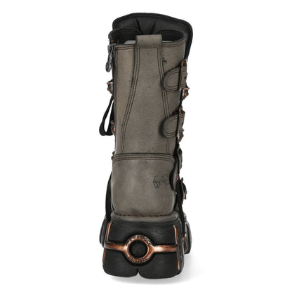 New Rock Grey Brown Leather Gothic Mid-Calf Biker Boots - M-373XL-C119