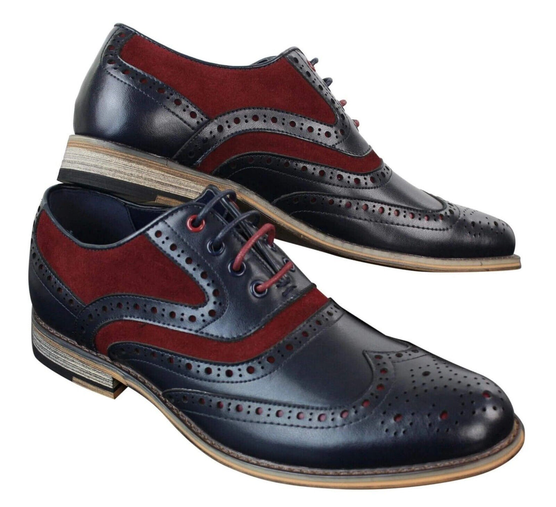 Mens Classic Burgundy Suede Oxford Brogue Shoes in Navy Leather - Upperclass Fashions 