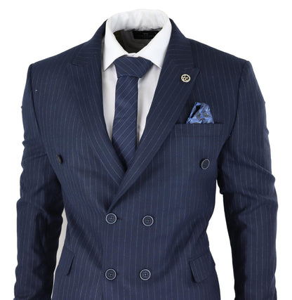 Mens Double Breasted Navy Blue Suit 2 Piece 1920s Pinstripe Peaky Blinders - Upperclass Fashions 