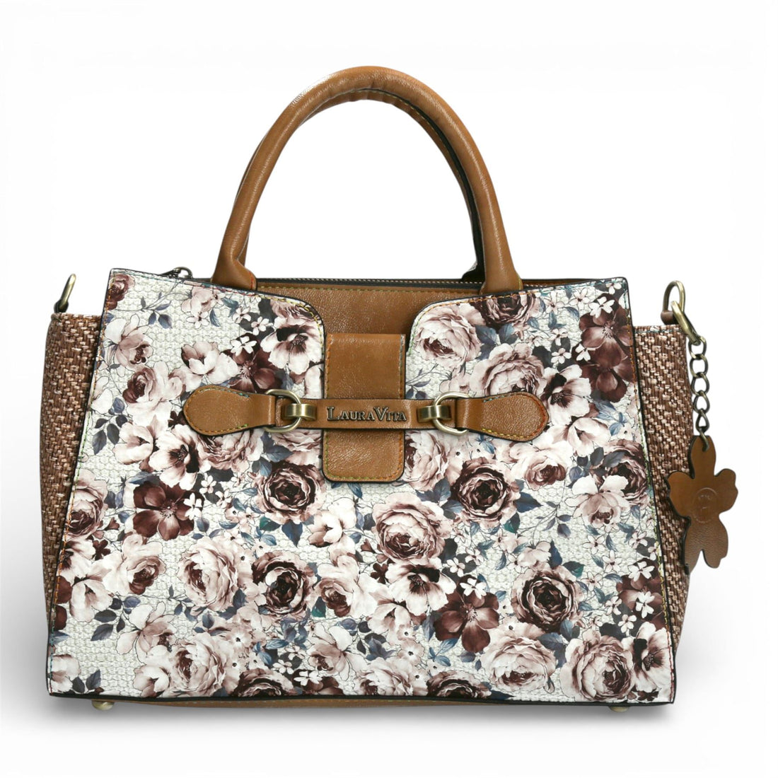 Laura Vita Ayna-02 Womens Tan Floral Print Adjustable Straps Shoulder Tote Handbag