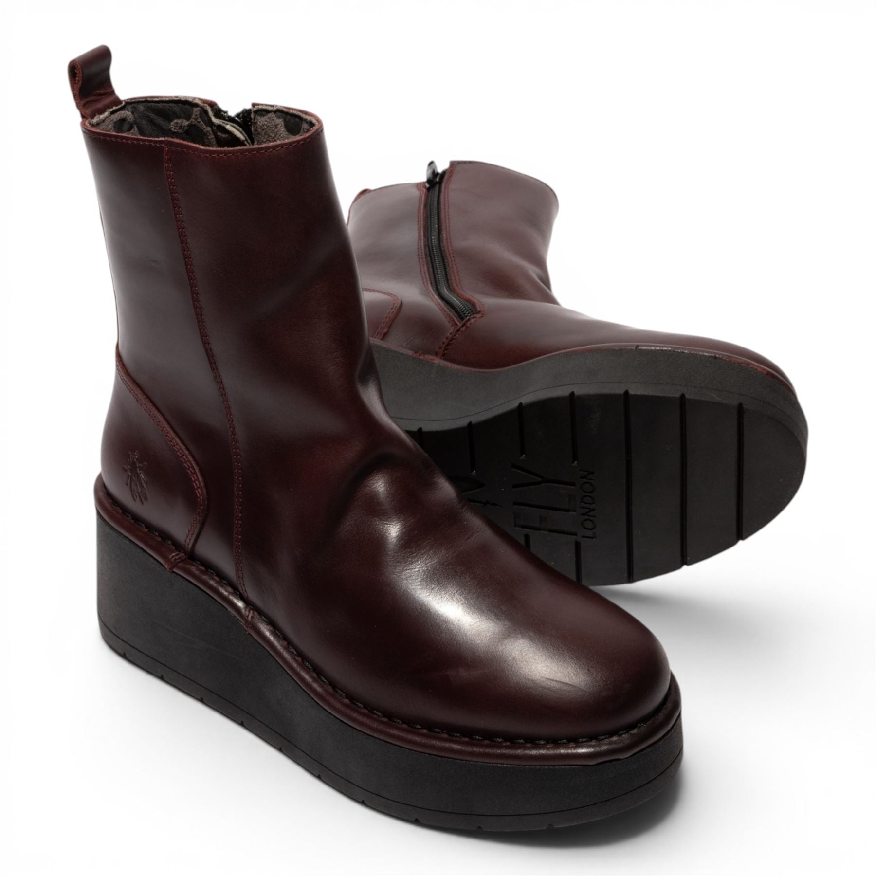 Fly London Women’s Wine Leather Wedge Heel Platform Ankle Boots - HEIJ272