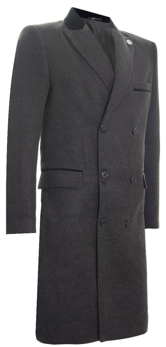 Mens 3/4 Grey Long Double Breasted Crombie Overcoat Wool Coat Peaky Blinders