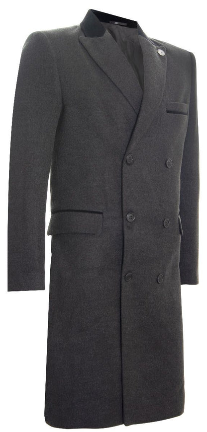 Mens 3/4 Grey Long Double Breasted Crombie Overcoat Wool Coat Peaky Blinders