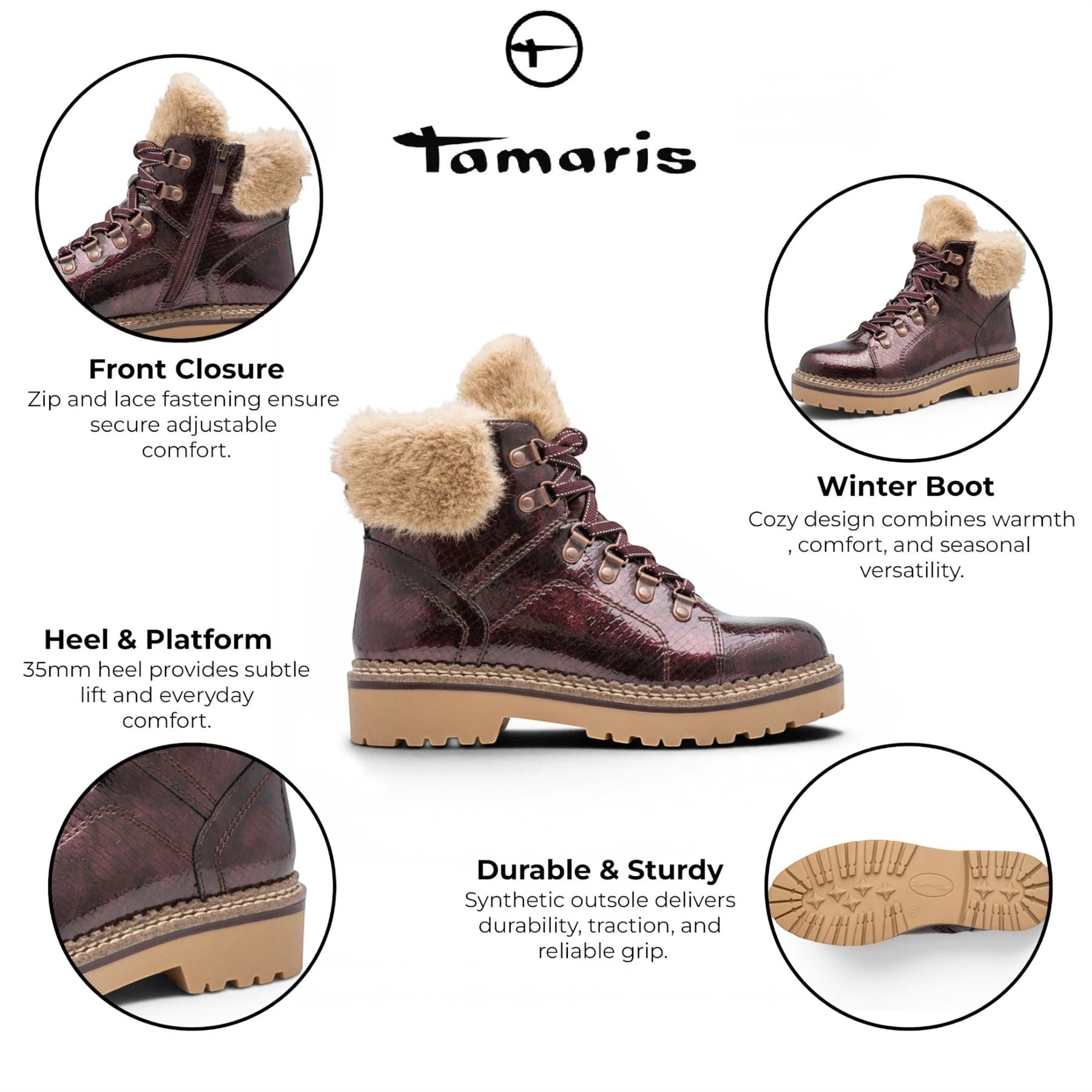 Tamaris Women’s Red Faux Leather Warm Winter Ankle Boots - 26264-43