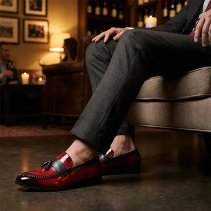 Mens Red Tassel High-Gloss Patent Faux Leather Formal Loafers Shoes