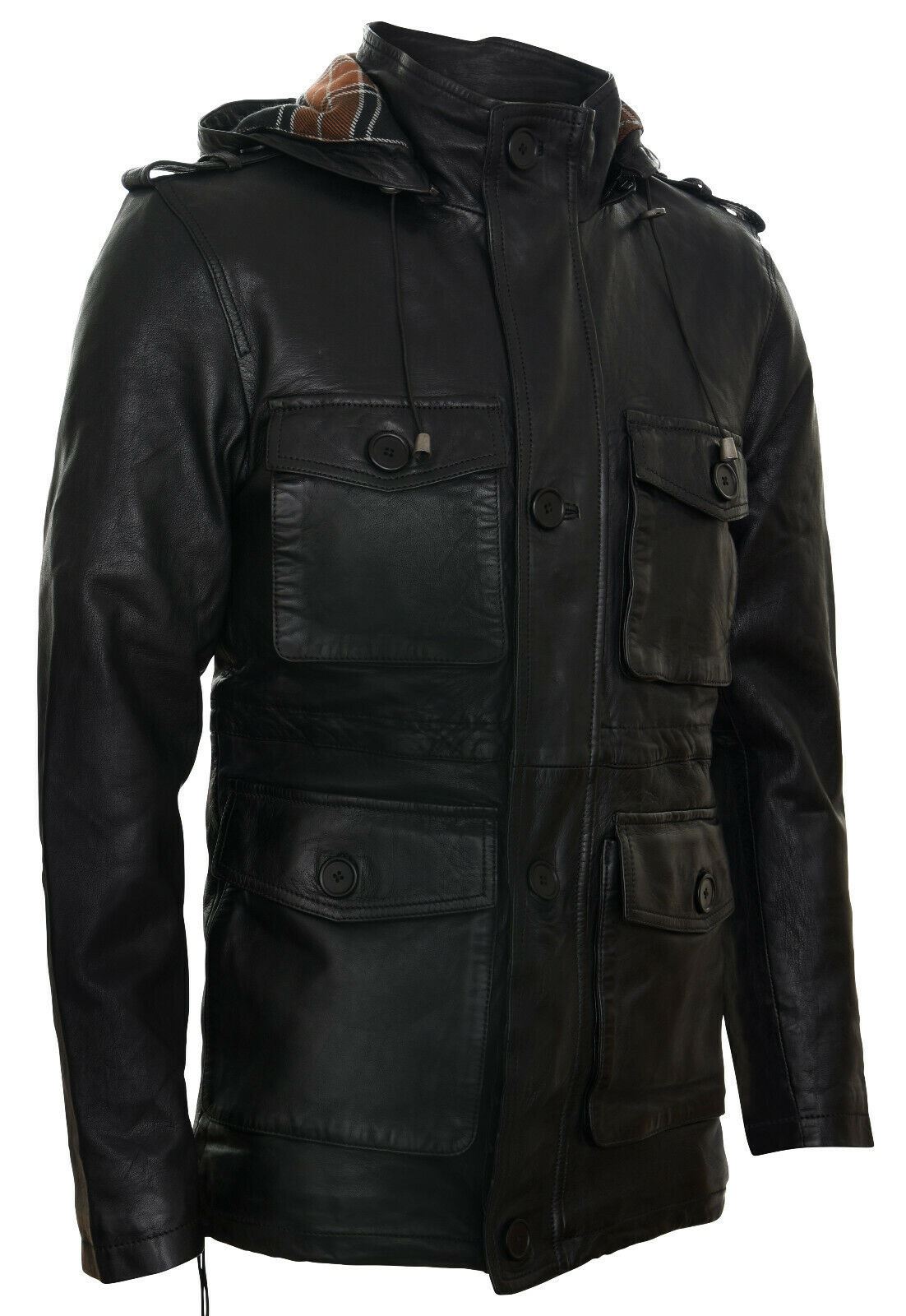 Mens Classic Leather Hooded Trench Overcoat-Edgware - Upperclass Fashions 