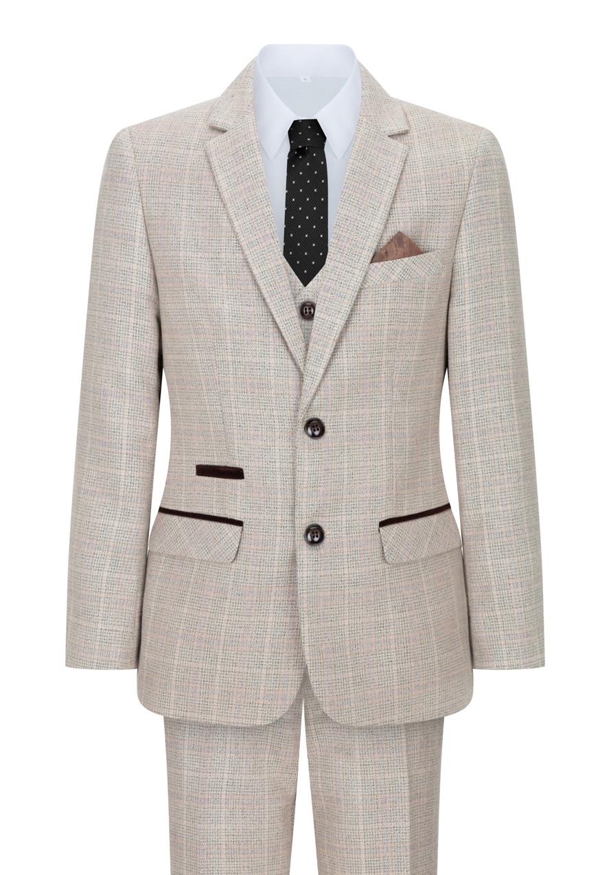 Boys 3 Piece Beige Tweed Check Vintage Retro Suit