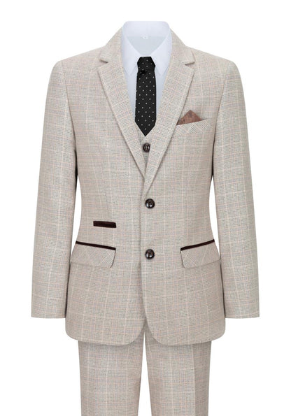 Boys 3 Piece Beige Tweed Check Vintage Retro Suit