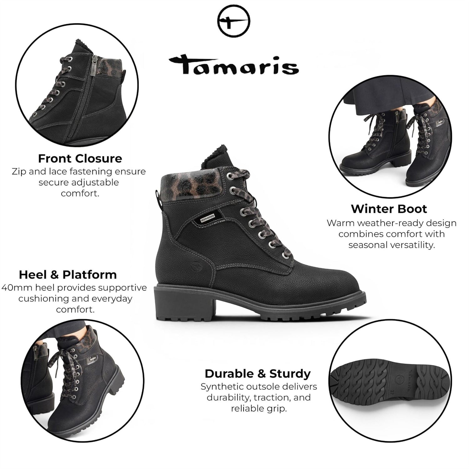 Tamaris Women’s Black Warm Lace-Up Winter Outdoor Ankle Boots - 26266-43