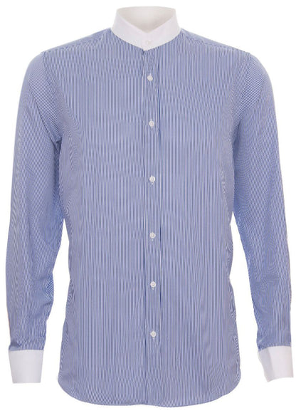 Mens Peaky Blinders Removable Collar Nehru Royal Blue Striped Collarless Shirt
