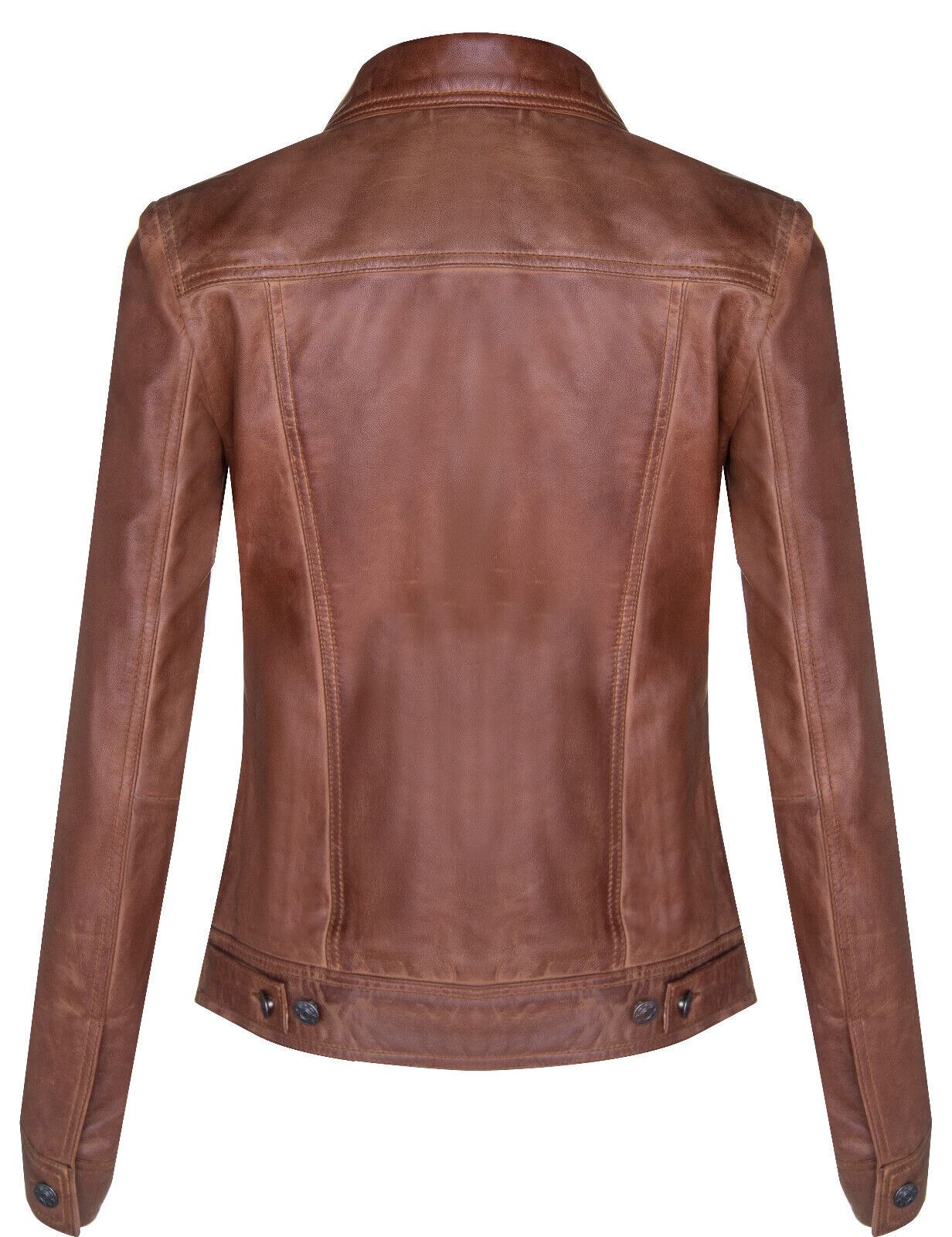 Womens Classic Leather Trucker Jeans Jacket-Nelson - Upperclass Fashions 