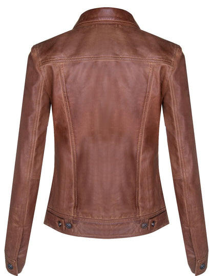 Womens Classic Leather Trucker Jeans Jacket-Nelson