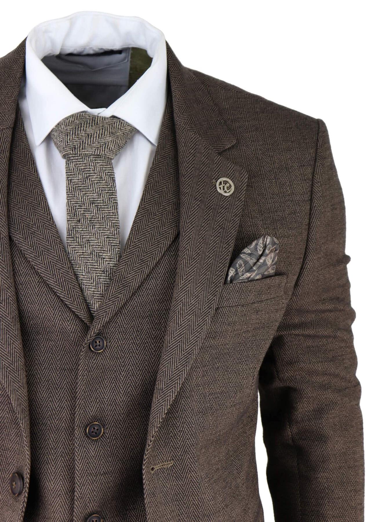 Mens Brown 3 Piece Tweed Herringbone Suit Peaky Blinders Classic Tailored - Upperclass Fashions 