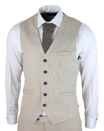 Mens 3 Piece Cream Linen Summer Spring Classic Suit - Upperclass Fashions 