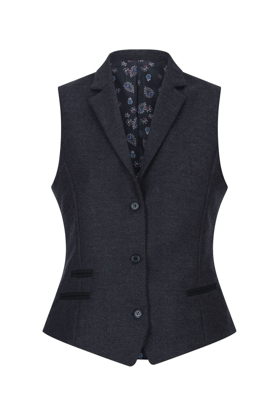 Womens Black Herringbone Check Tweed Waistcoat Wool