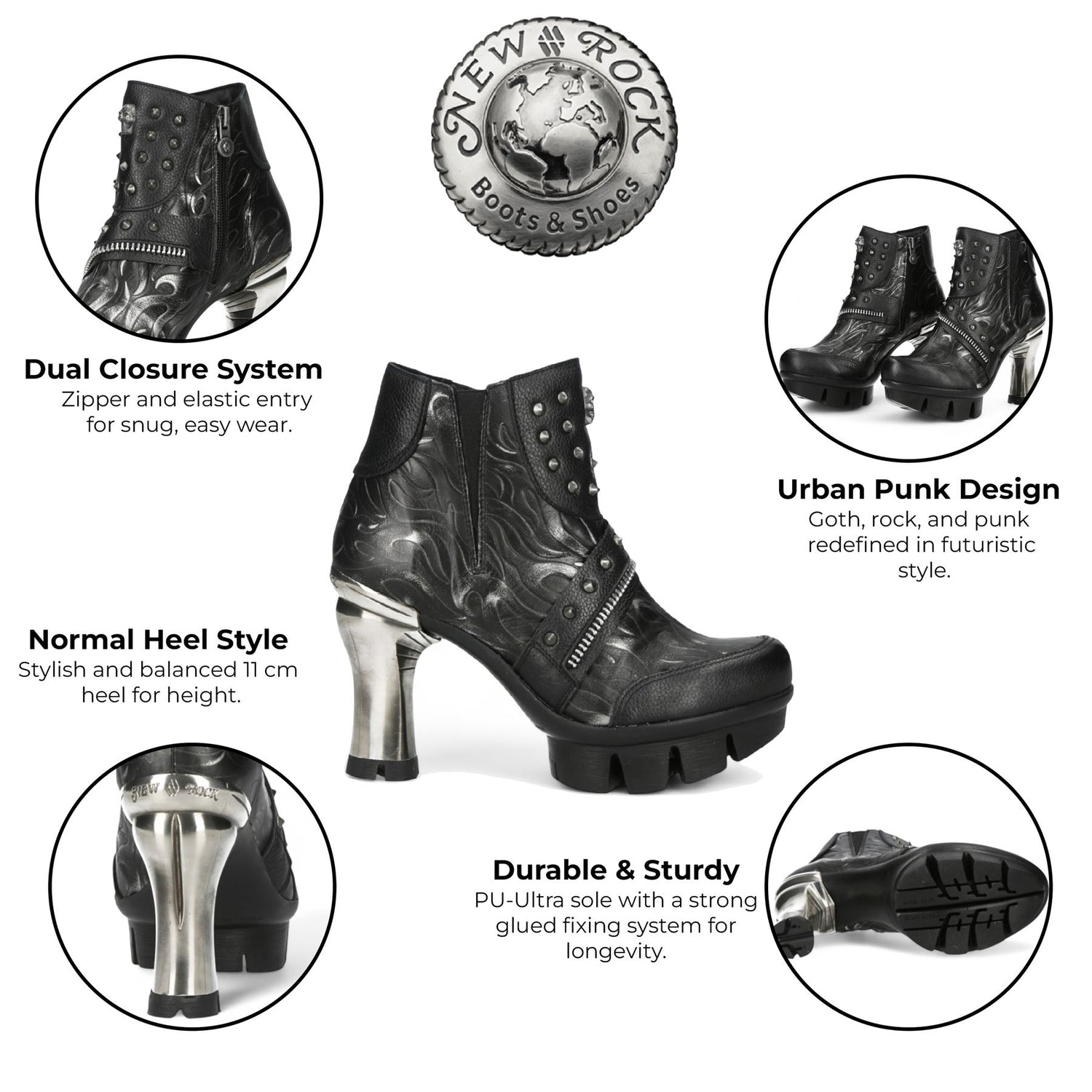 New Rock Womens NEOPUNK001-C19 Black Gothic Heeled Punk Leather Ankle Boots