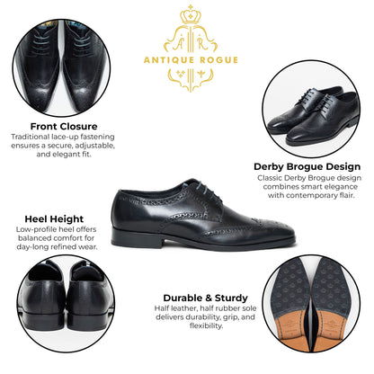 Antique Rogue Men’s Black Leather Oxford Derby Brogue - Luca