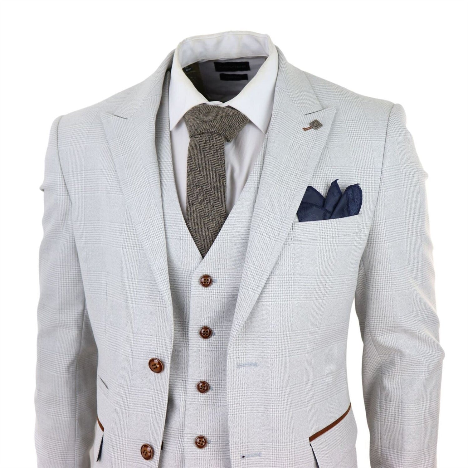 Mens Grey Stone 3 Piece Tweed Check Suit - Upperclass Fashions 