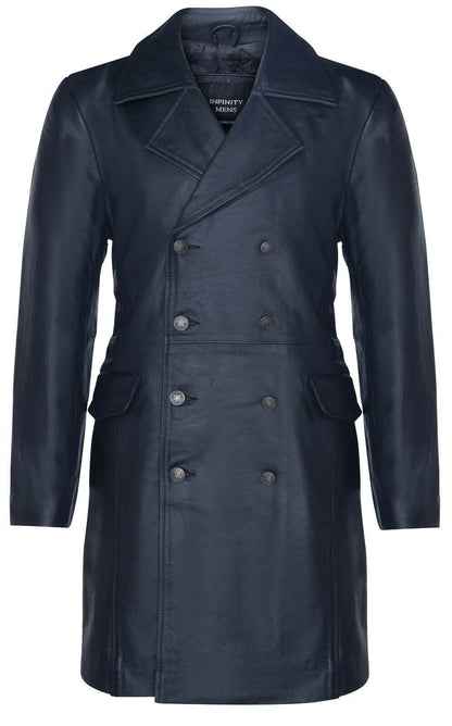 Mens Long Black Cowhide Leather Peacoat-Ellesmere