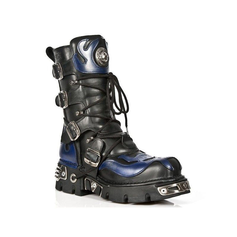 New Rock Unisex Black/Blue Leather Gothic Biker Skull Boots-107-C5