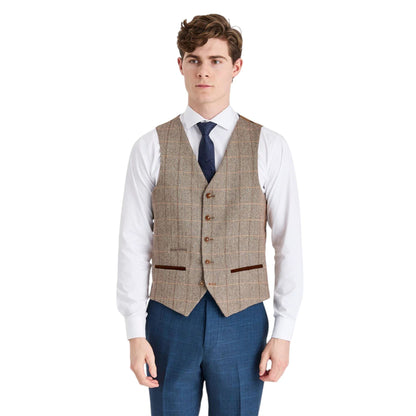 Mens Navy Suit with Brown Tweed Waistcoat Wedding Suit - Harris