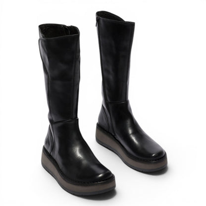 Fly London Womens Black Leather High Pull On Long Boots - RHEA042