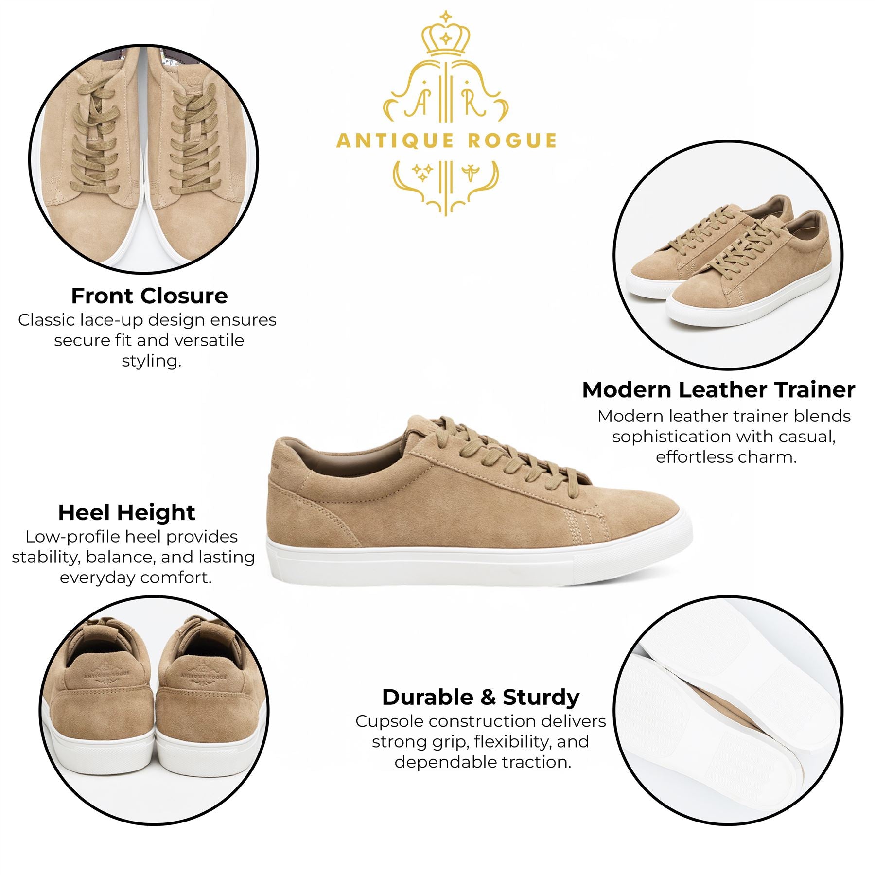 Antique Rogue Men’s Stone Taupe Suede Leather Trainer Sneaker Shoes - Gibbs