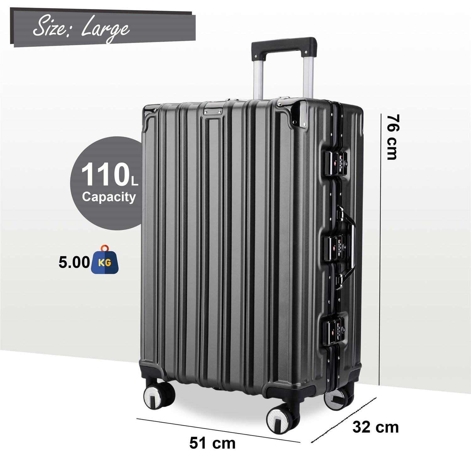 Hardshell Charcoal Black Suitcase Set Robust 8 Wheel Luggage Cabin Case Bag - IL-PC-ALLOY-CHAR