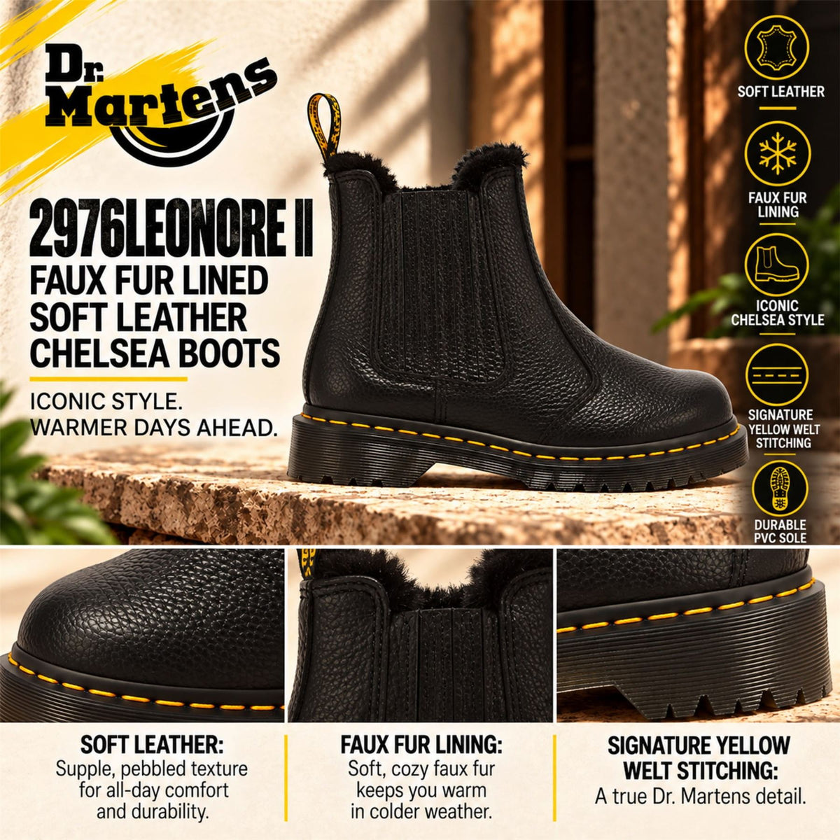 Dr Martens 2976 Leonore II Black Fur Lined Chelsea Boots - 41416001