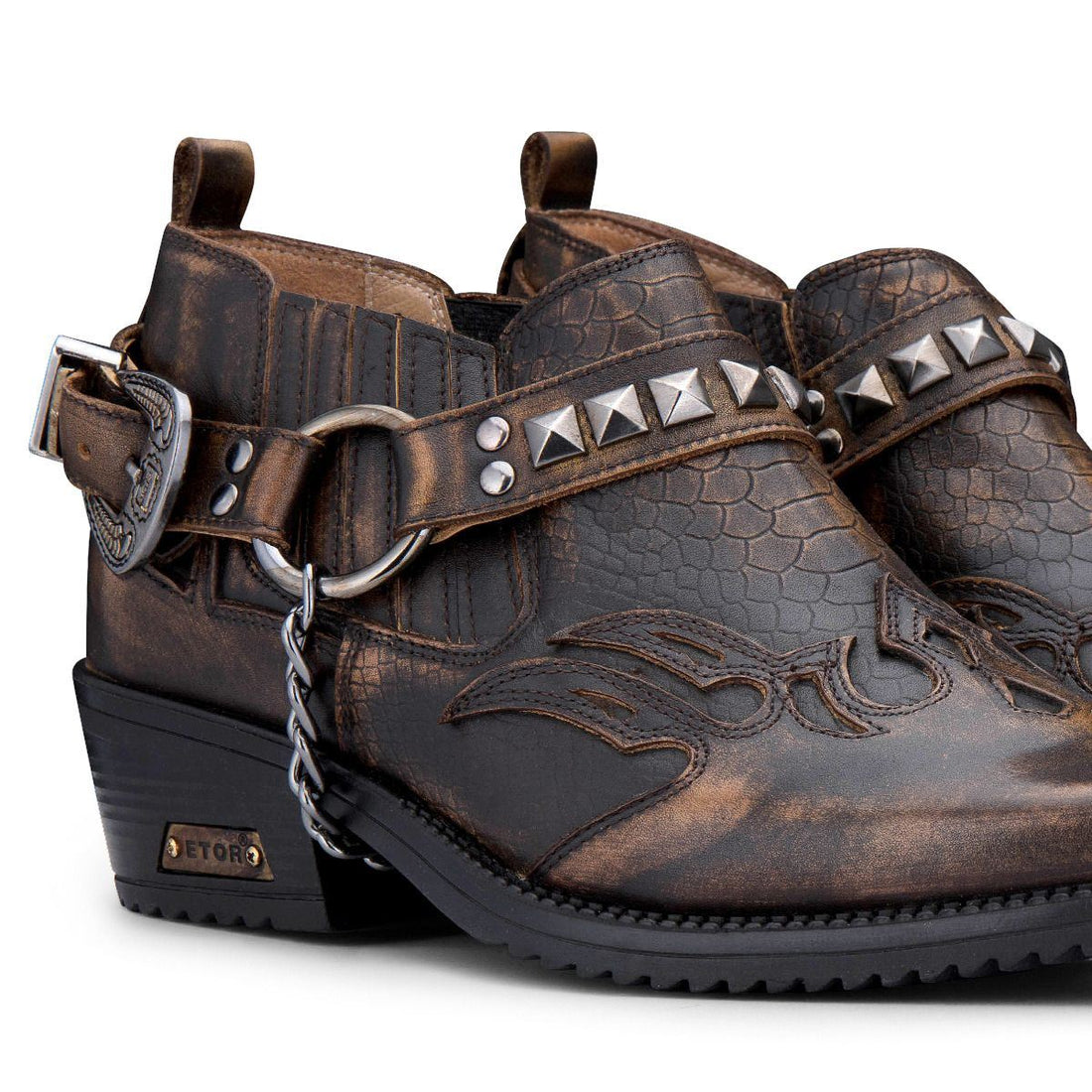 Mens Brown Croc Leather Winklepicker Studded Western Biker Boots - Upperclass Fashions 