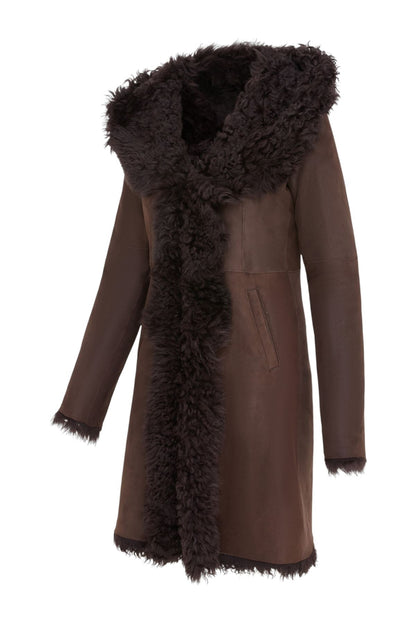 Womens Toscana Sheepskin Leather Hooded Trench Coat - Coast