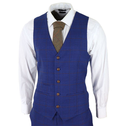 Mens Blue Brown Check 3 Piece Tailored Fit Suit - Upperclass Fashions 