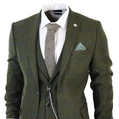 Mens 3 Piece Wool Suit Olive Green Tweed Check Peaky Blinders 1920 Gatsby Formal - Upperclass Fashions 