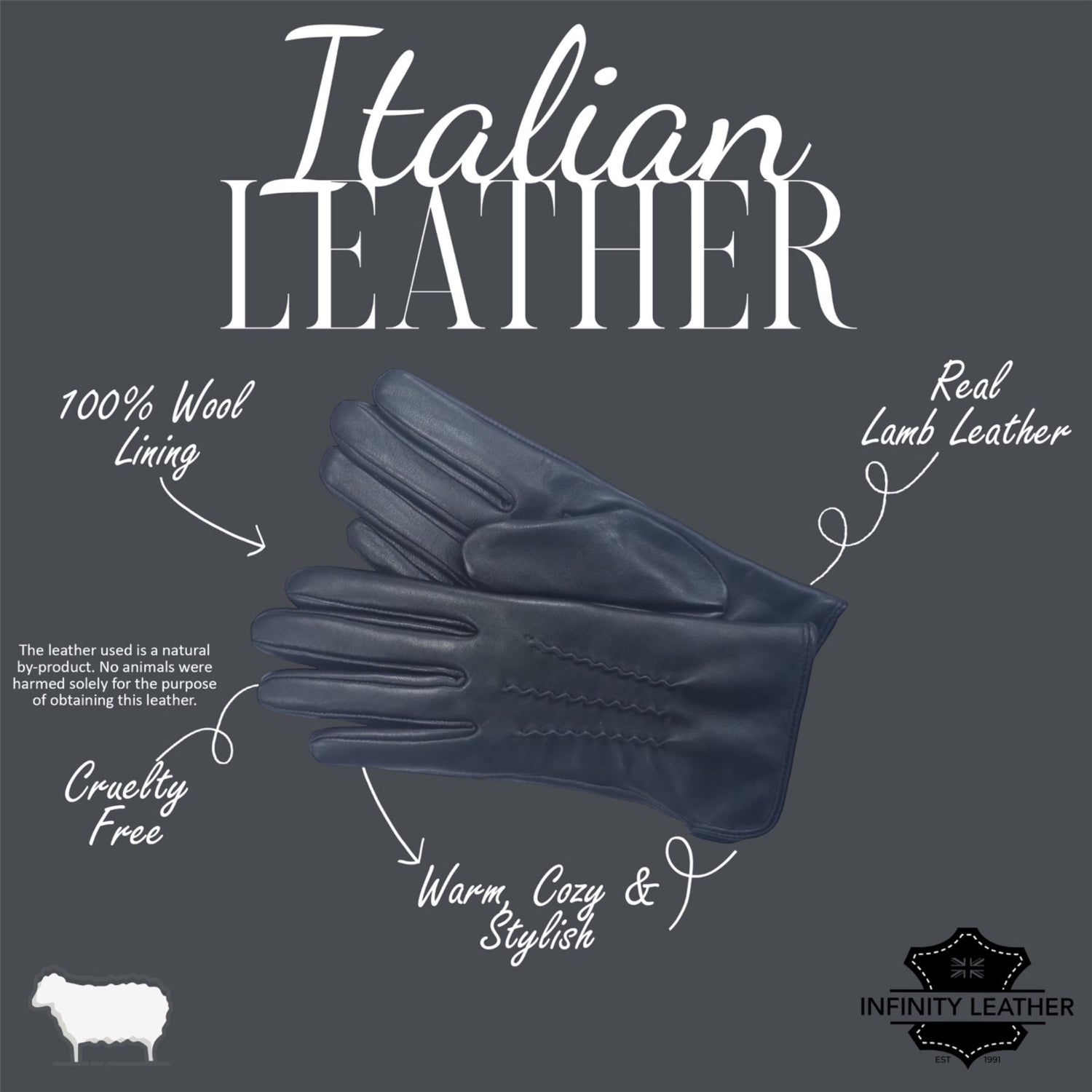 Womens Italian Leather Winter Stitch Line Design Soft Wool Lining Gloves